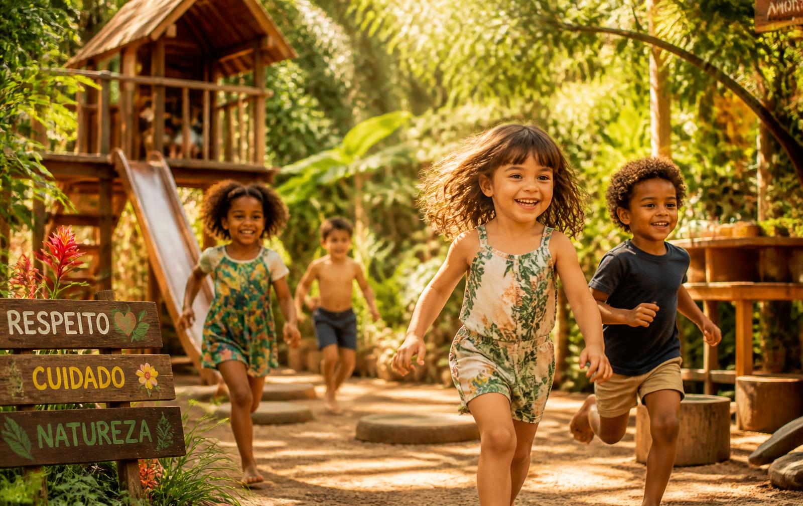 Crianças correndo e brincando no bosque da Vila Angá